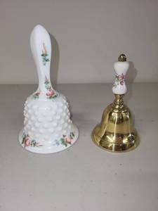 lot 44 image: Set of 2 Decorative Hand Bells Milk Glass and Brass Floral Design