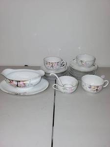 lot 48 image: Noritake Hand-Painted Japan Tea Set with Gravy Boat, Cups, Saucers, and Ladle
