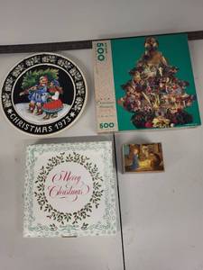 lot 54 image: Christmas Collectibles Lot 1973 Plates, Puzzle, and Reuge Nativity Music Box