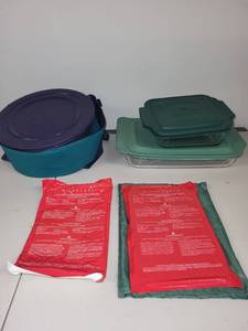 lot 59 image: Pyrex Glass Bakeware Set with Lids, Insulated Carrier, and Microwave Hot Packs