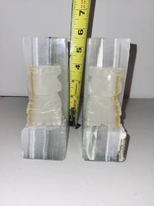lot 65 image: Pair of Carved Onyx Stone Bookends with Figurine Design