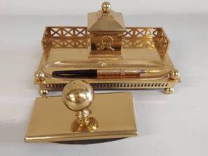 Antique Gusum Swedish Brass Inkwell Set and Pen by Seamless