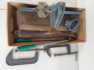 lot 18 image: Vintage Woodworking Tool Lot Miter Box, Clamps, Shears