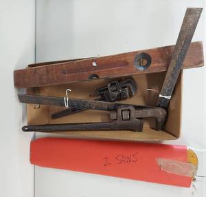 lot 12 image: Vintage Tool Set Pipe Wrenches, Hand Saws & Level