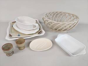 lot 104 image: Ceramic and Porcelain Serveware Set with Decorative Basket