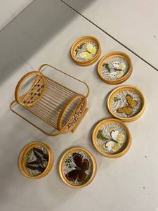 lot 124 image: Vintage Bamboo Butterfly Coaster Set with Holder - Unique Decor