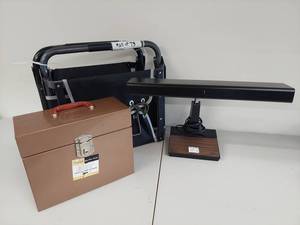 lot 135 image: Vintage Desk Lamp, Metal File Box & Folding Chair Set