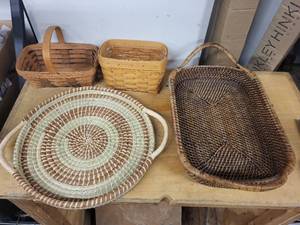 lot 4L image: Collection of 4 Woven and Wood Baskets - Longaberger, Mayan Hands, Woven Selections
