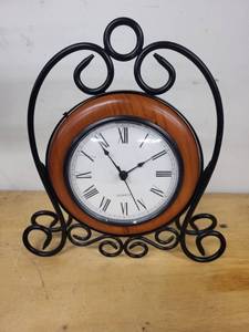 lot 10L image: Decorative Tabletop Clock with Metal Stand and Roman Numerals