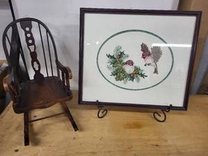 lot 11L image: Decorative Bird Cross Stitch with Wooden Rocking Chair Model