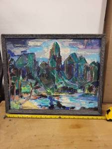 lot 12L image: Vintage F. Train Landscape Oil Painting in Rustic Frame