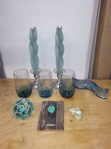 lot 14L image: Decorative Nautical-Themed Collection with Pewter Candle Holders and Glassware