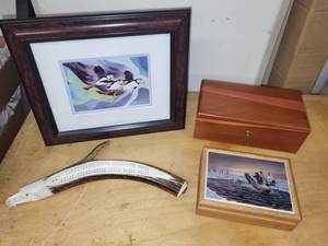 lot 19L image: Collection of Art and Decorative Items Framed Print, Cedar Box, Picture Tile, Horn Cribbage Board