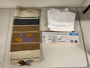 lot 24B image: Ticonn Wall Mount Coat Rack & Woven Rug Set