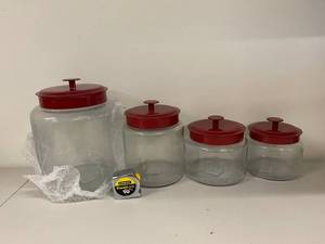 lot 25B image: 4-Piece Glass Jar Set with Red Airtight Lids