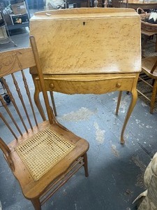 lot 22 image: Birdseye Maple Petite Secretary Desk and Cane Bottom Chair Vintage