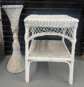 lot 28 image: Vintage Antique Wicker Table and Plant Stand