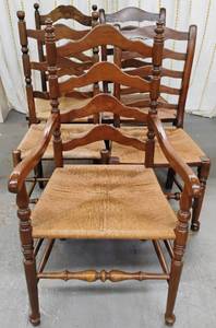 lot 17 image: Lot of 5 Vintage Maple Ladder Back Dining Chairs Rush (Woven) Seats Possibly Ethan Allen or Tell City