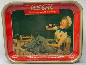 lot 11 image: 1940s Coca Cola Serving Tray Vintage Sailor Girl Fishing