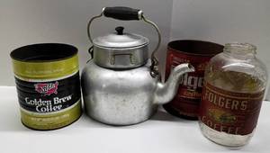 lot 39 image: Vintage Coffee Pot and Cans