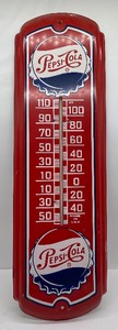 lot 64 image: Vintage Pepsi Cola Wall Thermometer Advertising 27 tall Metal