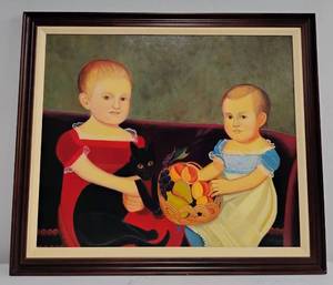 lot 104 image: Folk Art Print Reproduction 1997 by Michelle Gladish Two Children with Black Cat