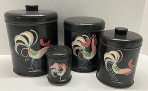 lot 49 image: Ransburg Tin Litho Vintage Kitchen Canisters Black with Roosters
