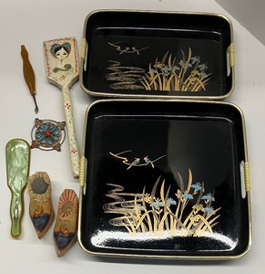 lot 54 image: Vintage Japanese Black Lacquer Serving Tray Possibly an Obon Tray and Miscellaneous Decor