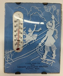 lot 55 image: Small Vintage Advertising Bubble Thermometer Hinkley Minnesota Winter Scene