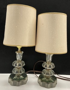 lot 73 image: Two Small Vintage Crystal Boudoir Nightstand Vanity Lamps with Shades