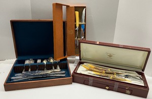 lot 83 image: Two Vintage Carving Sets Butterscotch Bakelite and Sheffield Faux Bone and Miscellaneous Flatware