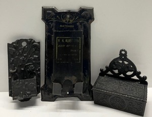 lot 87 image: Vintage Antique Cast Iron and Metal Match Holders one with Advertising