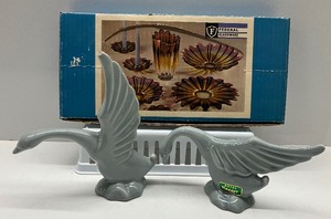 lot 88 image: Set of Vintage Royal Haegar Pottery Swans Federal Glass Celestial Gem Tone Candle Holders in Original Box