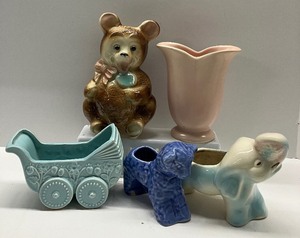 lot 89 image: Vintage Lot of 5 Pottery Pieces Nursery Baby Themed Planters and Vases