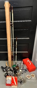 lot 121 image: Vintage Fly Fishing Pole, Fishing Reels and Misc Fishing Items Lot
