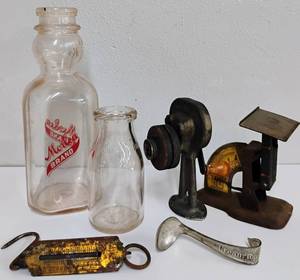 lot 114 image: Vintage Egg Scale, Milk Bottles Creamer Spoon Knife Sharpener Scale