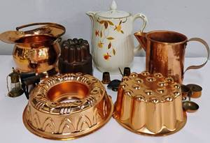 lot 150 image: Lot of Copper Molds and Copper Pieces and Hall China Autumn Coffee Pot with Lid