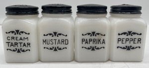 lot 96 image: Vintage Antique Frank Tea and Spice Co. Milk Glass Spice Jars Lot of 4