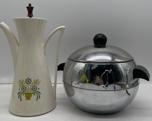 lot 97 image: MCM West Bend Vintage Chrome Penguin Ice Bucket and MCM Coffee Pot