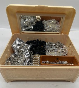 lot 172 image: Vintage Celluloid Jewelry Box with Costume Jewelry Aurora Borealis Crystals, Mesh NecklaceScarf