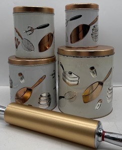 lot 189 image: Vintage Copper Lidded Canister Set by Weibro and Vintage Aluminum Rolling Pin
