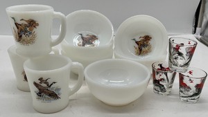 lot 193 image: Fire King Milk Glass Duck Bowls and Cups Pheasant Shot Glasses
