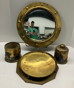 lot 173 image: Antique Brass Humidor with relief wild animals  big game scene Brass Porthole Mirror