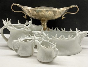 lot 177 image: Dept. 56 White Stag Decor with Silver Plated Serpent Handled Server