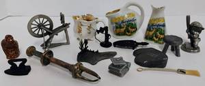 lot 188 image: Collectible Miniatures Lot Pewter, Wade Pottery, Vintage Norway Tongs