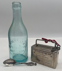 lot 118 image: Albert Lea Minnesota Vintage Antique Souvenir Spoon, First National Bank with Key and Bottling Works Bottle