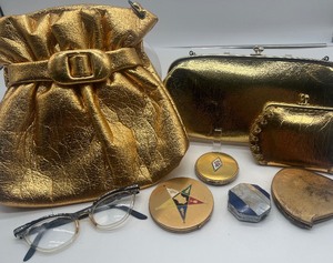 lot 91 image: Vintage Gold Purse and Vintage Antique Makeup Compacts Lot Cat Eyed Glasses