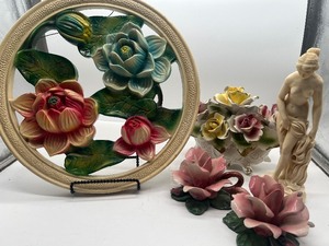 lot 162 image: Large Vintage Chalkware Floral Wall Hanging and Three Capodimonte porcelain Rose Decor Pieces made in Italy