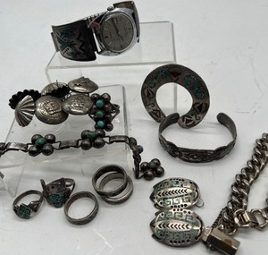 lot 169 image: 14 piece lot Southwest Jewelry Some Mexican Sterling Alpaca Watch, Rings, Buttons Turquoise Chip Inlay