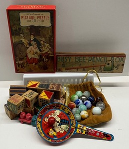 lot 128 image: Vintage Games and Toys Lot Tink Litho Noise Maker, Shooter Marbles